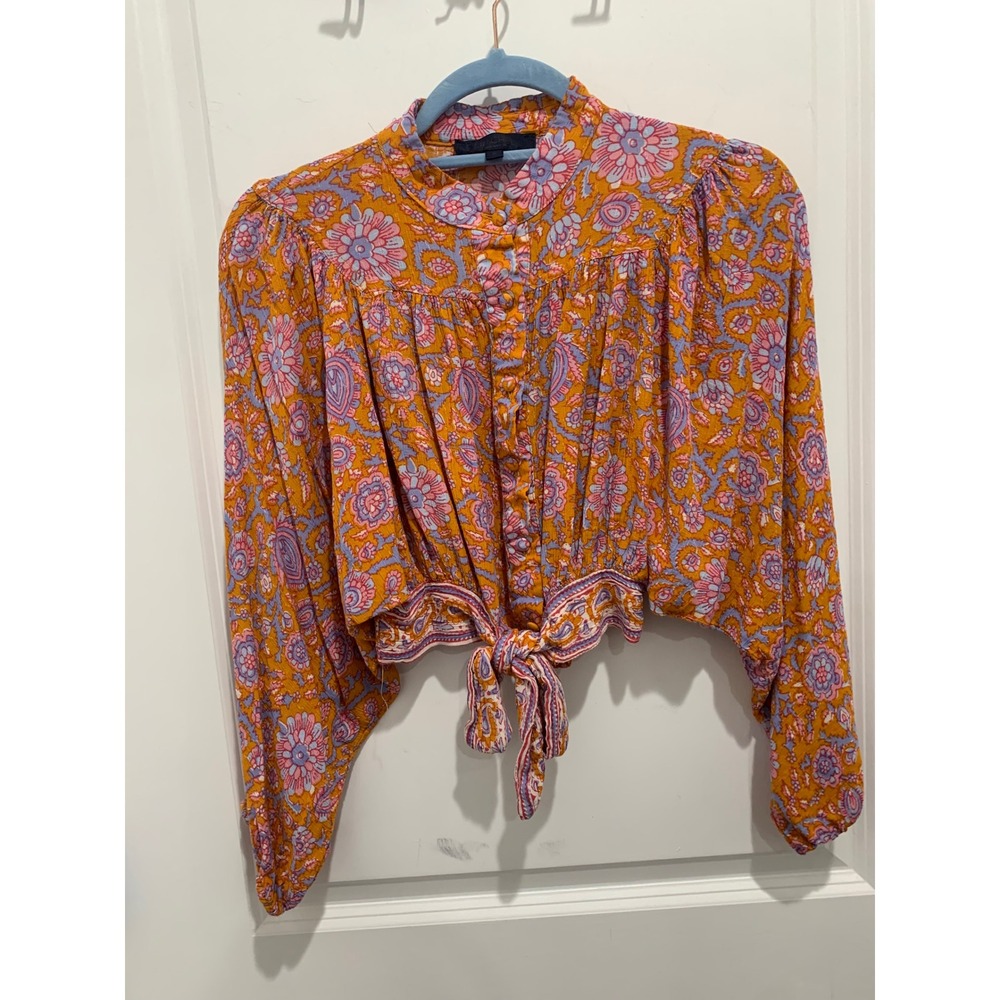 Rachel Rachel Roy Floral Crop Top Orange Pink Long Sleeve Tie Front Small